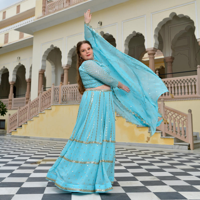 Aquamarine Blue Mirror Work Lehenga Set
