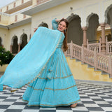 Aquamarine Blue Mirror Work Lehenga Set