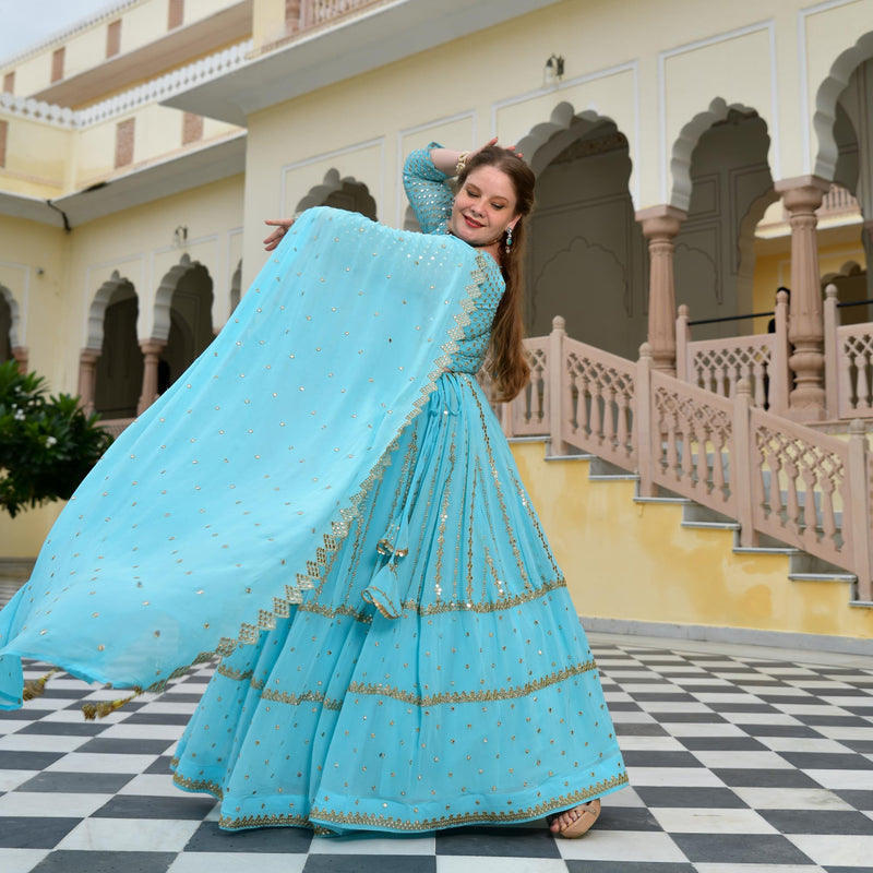 Aquamarine Blue Mirror Work Lehenga Set