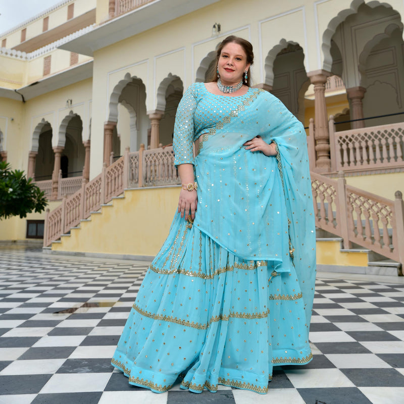 Aquamarine Blue Mirror Work Lehenga Set