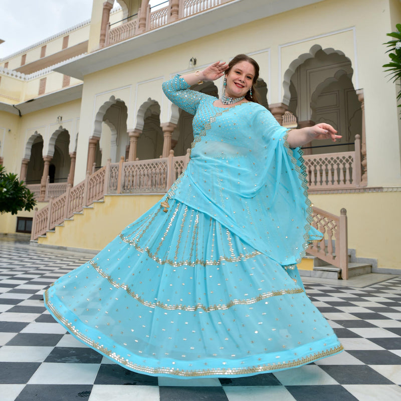 Aquamarine Blue Mirror Work Lehenga Set