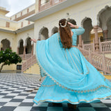 Aquamarine Blue Mirror Work Lehenga Set