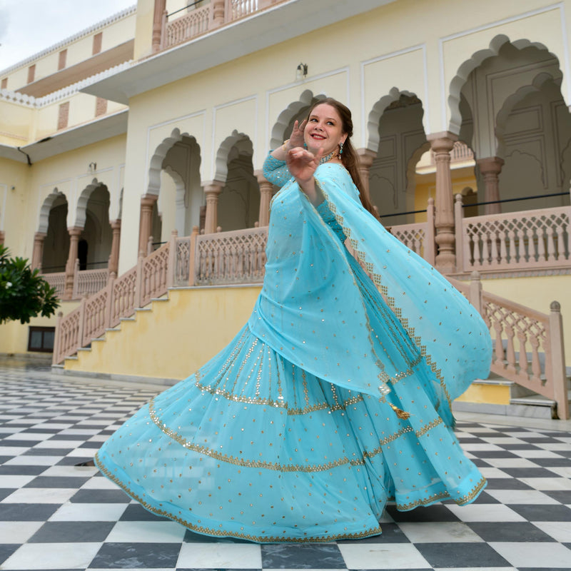 Aquamarine Blue Mirror Work Lehenga Set