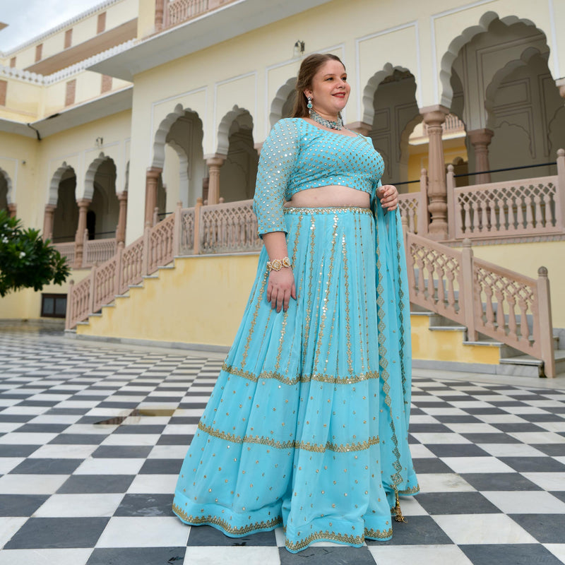 Aquamarine Blue Mirror Work Lehenga Set