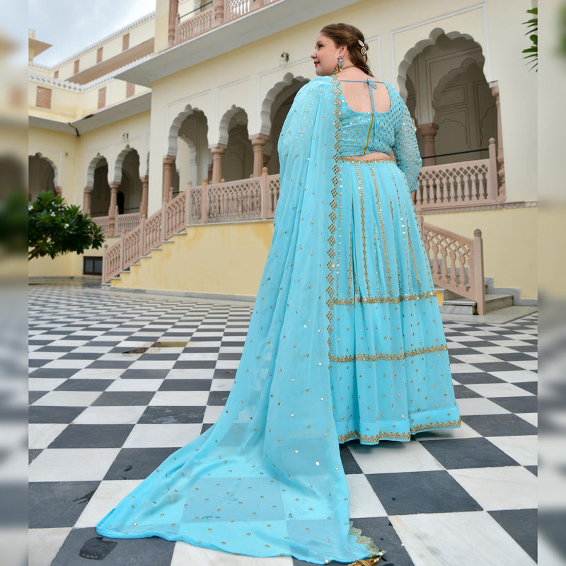 Aquamarine Blue Mirror Work Lehenga Set