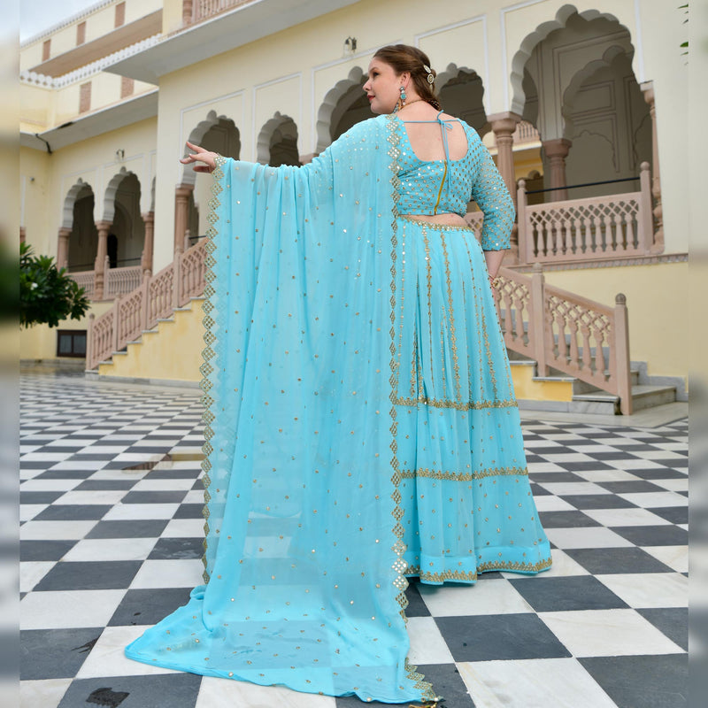 Aquamarine Blue Mirror Work Lehenga Set