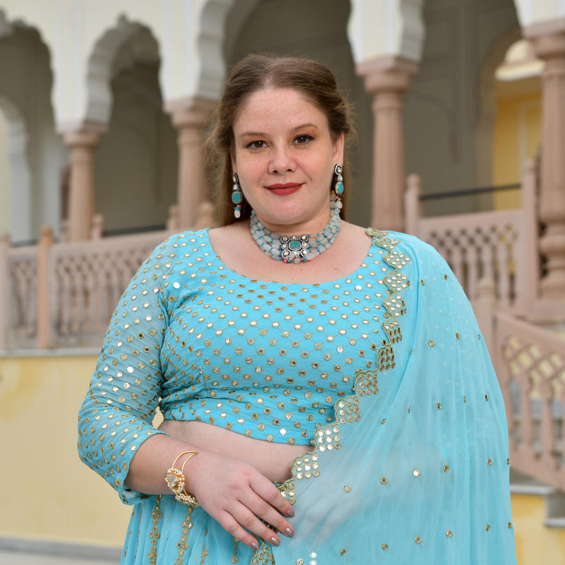 Aquamarine Blue Mirror Work Lehenga Set