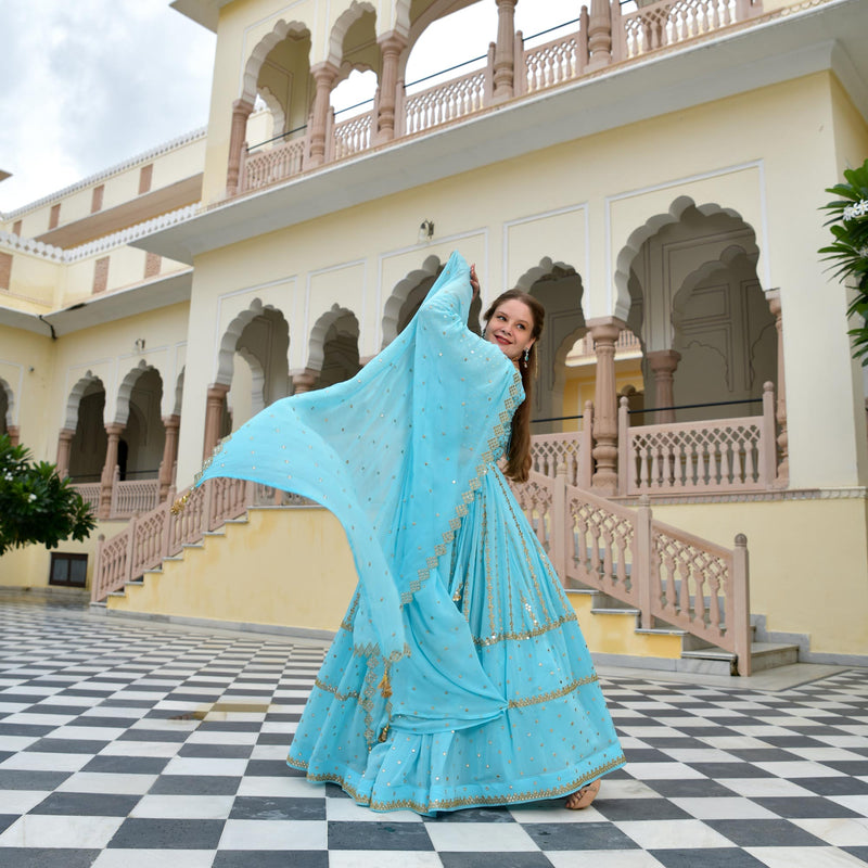 Aquamarine Blue Mirror Work Lehenga Set