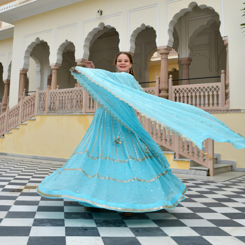 Aquamarine Blue Mirror Work Lehenga Set
