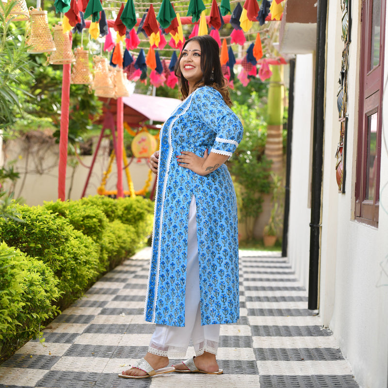 Azure Blue Floral Chikan Lace Kurta