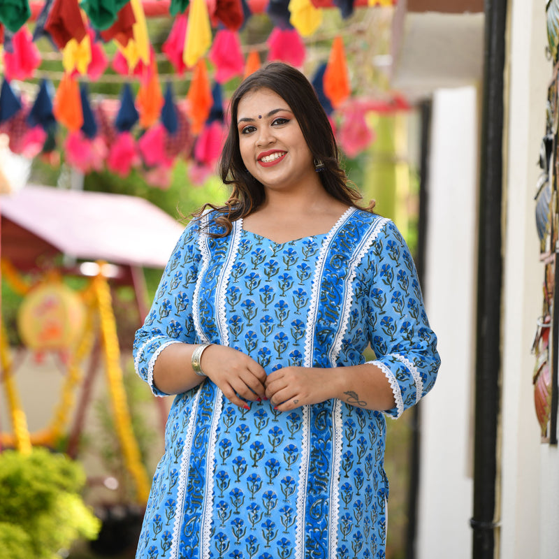 Azure Blue Floral Chikan Lace Kurta