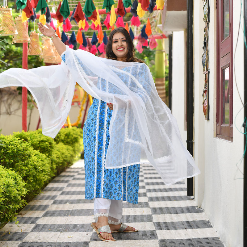 Azure Blue Floral Chikan Lace Kurta