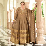Beige & Gold Panelled Banarasi Anarkali