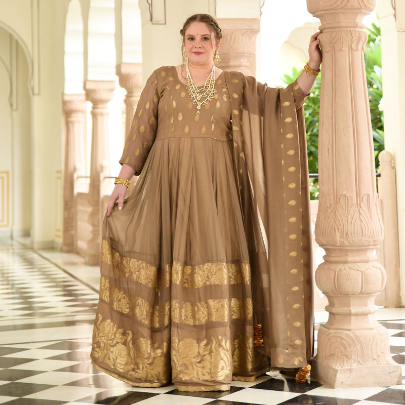 Beige & Gold Panelled Banarasi Anarkali