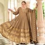 Beige & Gold Panelled Banarasi Anarkali