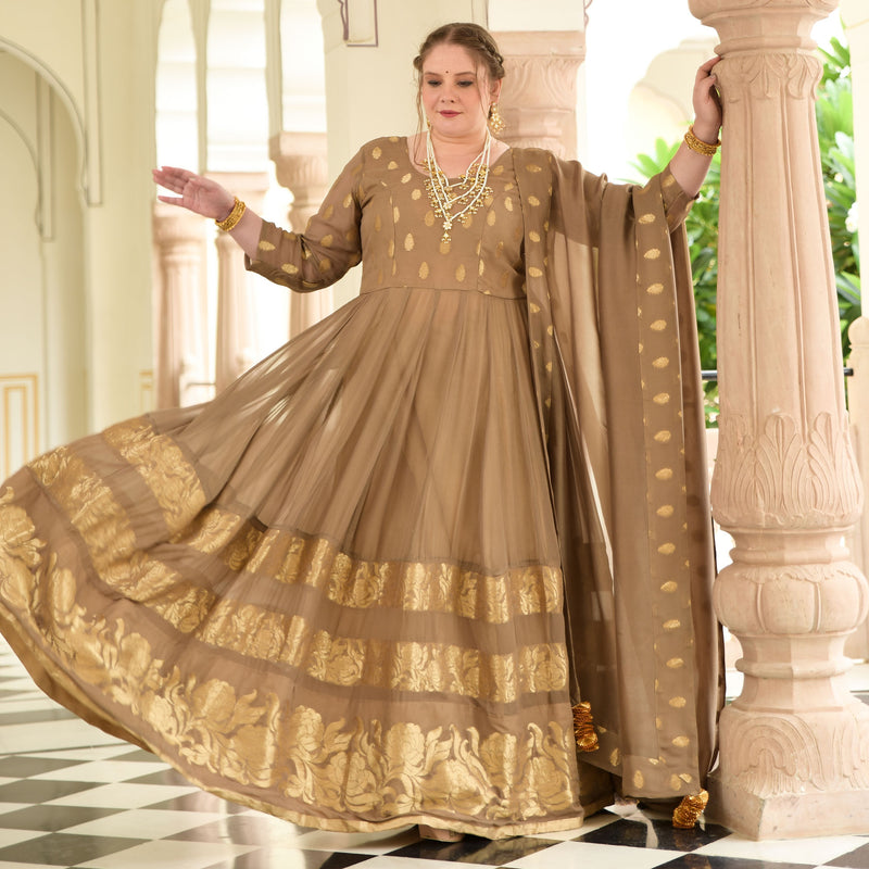 Beige & Gold Panelled Banarasi Anarkali