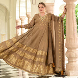 Beige & Gold Panelled Banarasi Anarkali