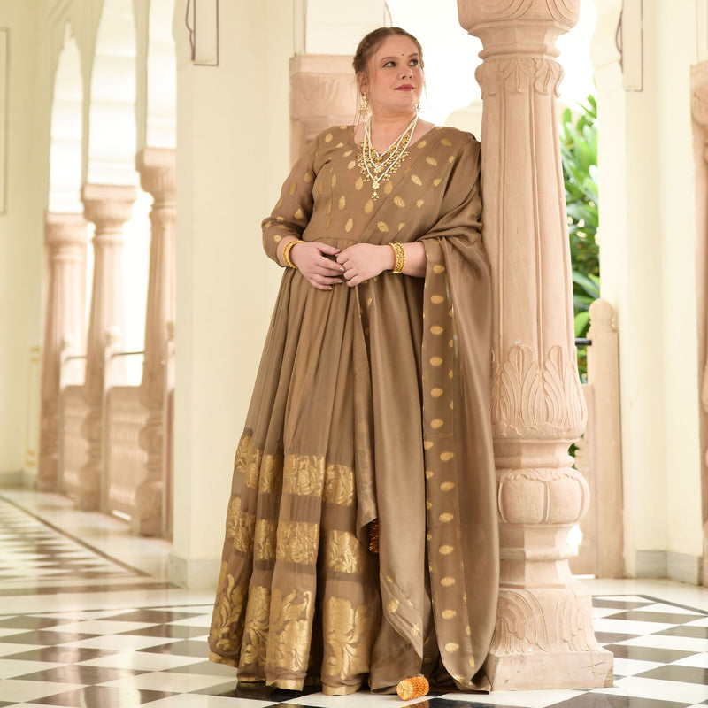 Beige & Gold Panelled Banarasi Anarkali