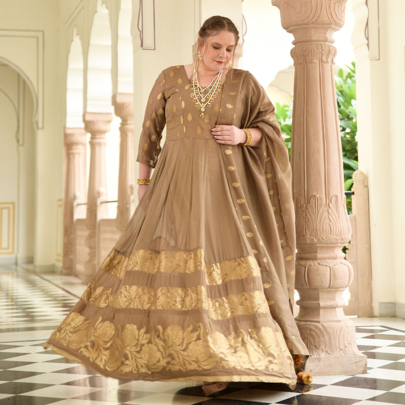 Beige & Gold Panelled Banarasi Anarkali