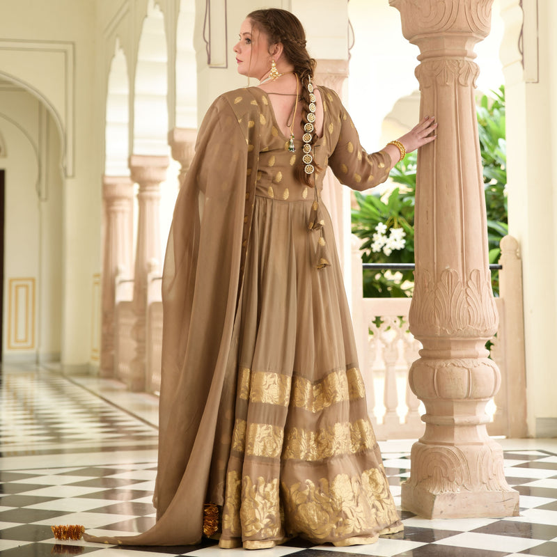Beige & Gold Panelled Banarasi Anarkali