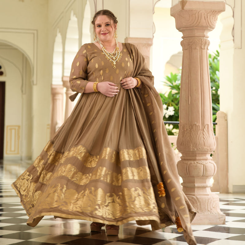 Beige & Gold Panelled Banarasi Anarkali