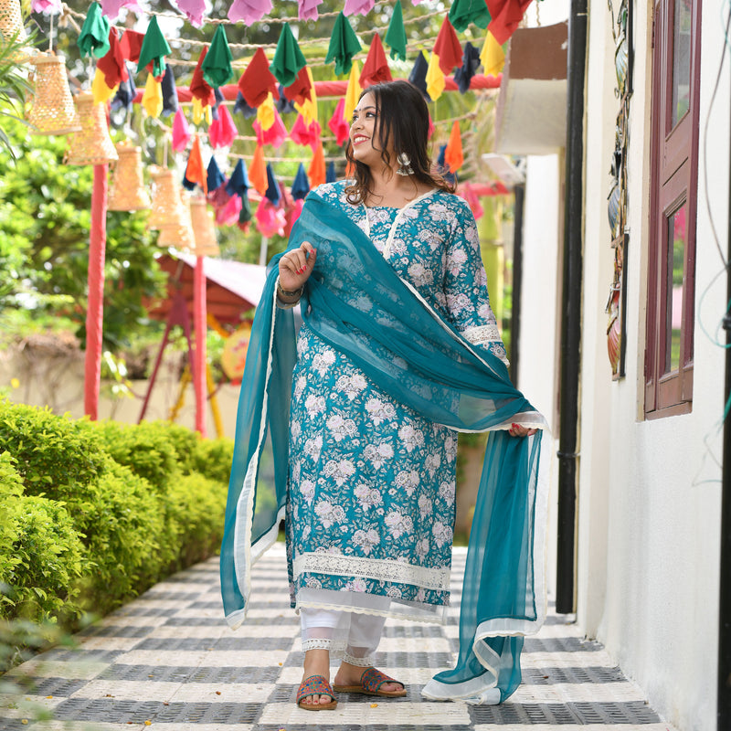 Bed of Lotus Floral Chikan Laced Kurta