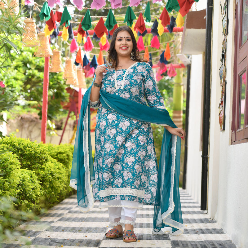 Bed of Lotus Floral Chikan Laced Kurta