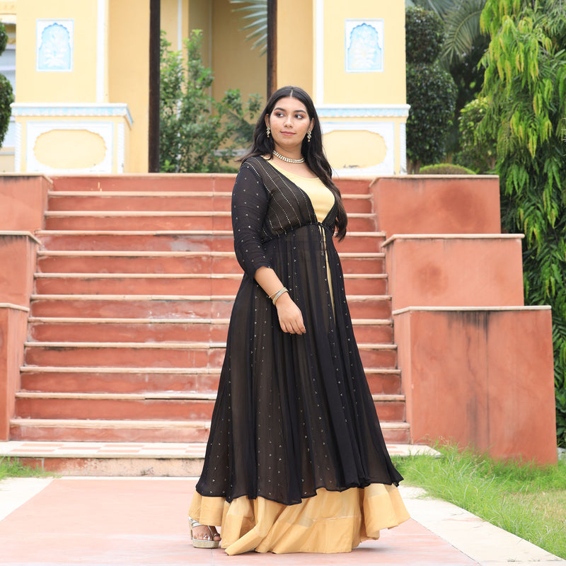 Black & Gold Chinon Mukeish Cape set
