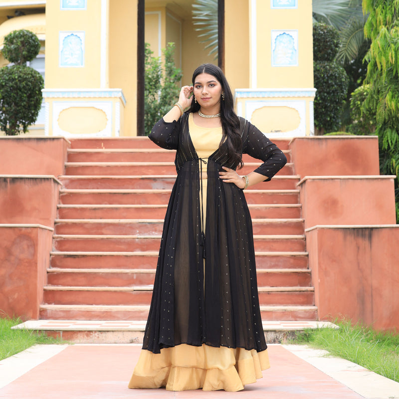 Black & Gold Chinon Mukeish Cape set