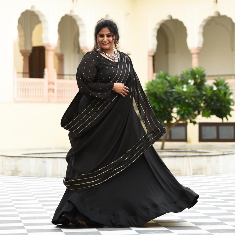 Black Princess Chinon Cocktail Dress with Drape Dupatta
