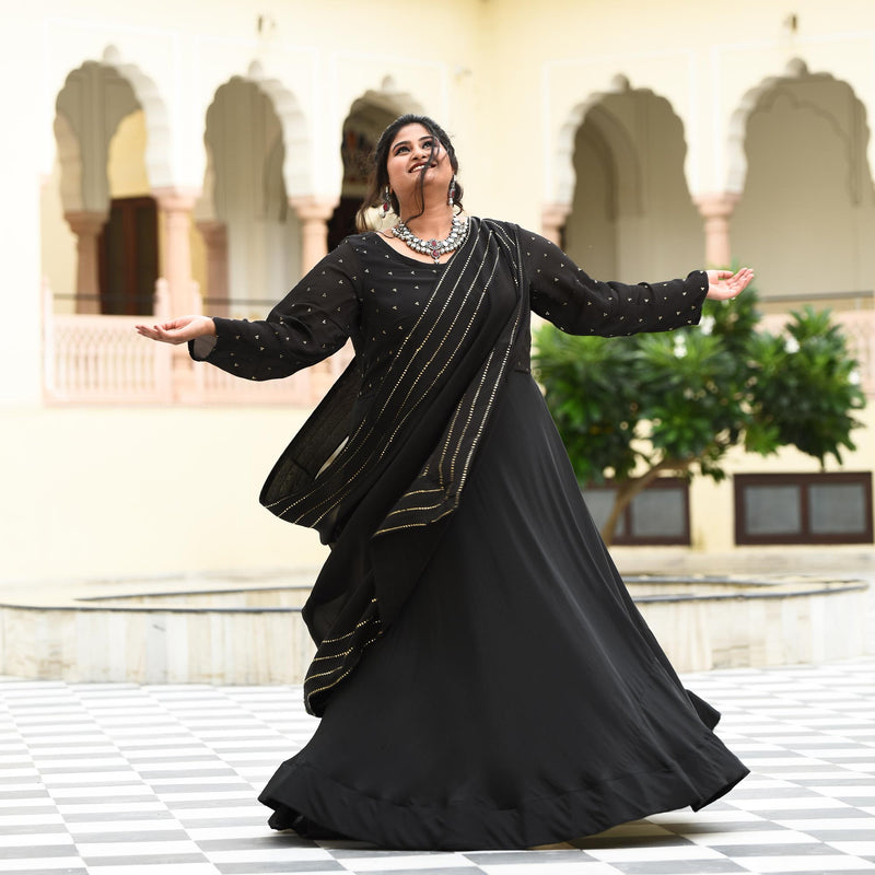 Black Princess Chinon Cocktail Dress with Drape Dupatta