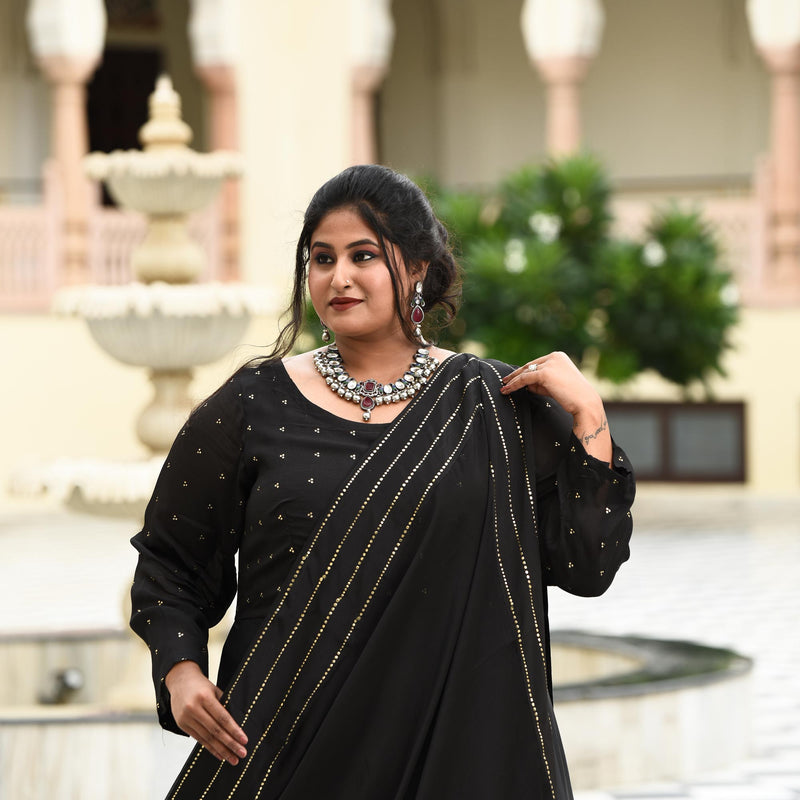 Black Princess Chinon Cocktail Dress with Drape Dupatta