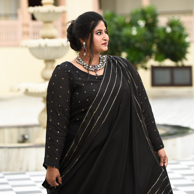 Black Princess Chinon Cocktail Dress with Drape Dupatta