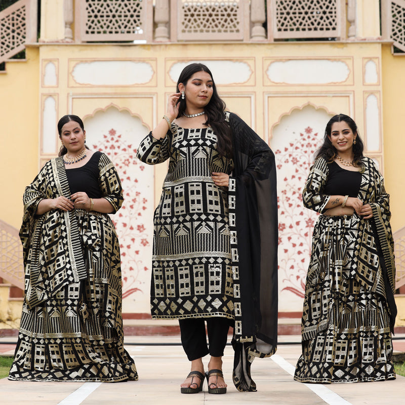 Black Georgette Tikdi Work Lehenga Set