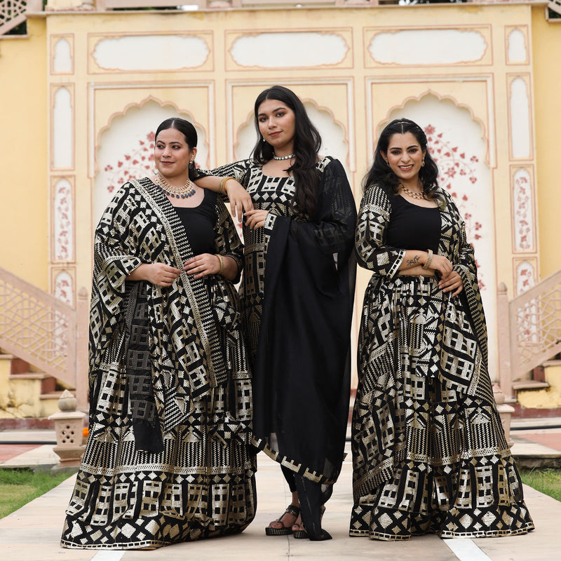 Black Georgette Tikdi Work Lehenga Set