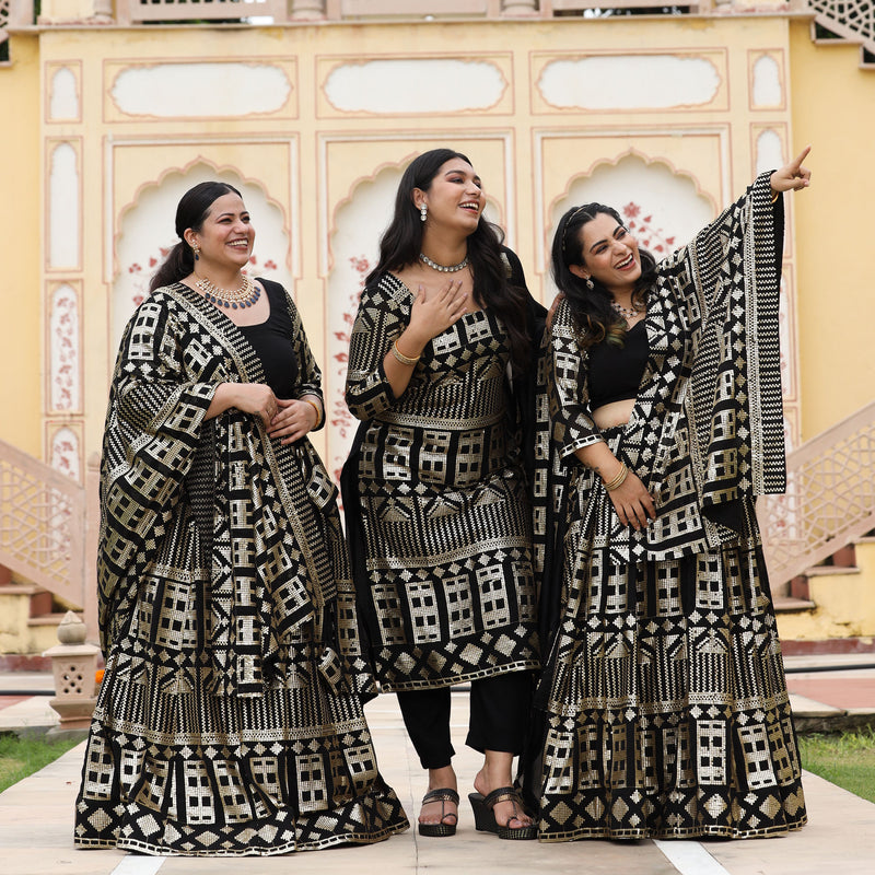 Black Georgette Tikdi Work Lehenga Set