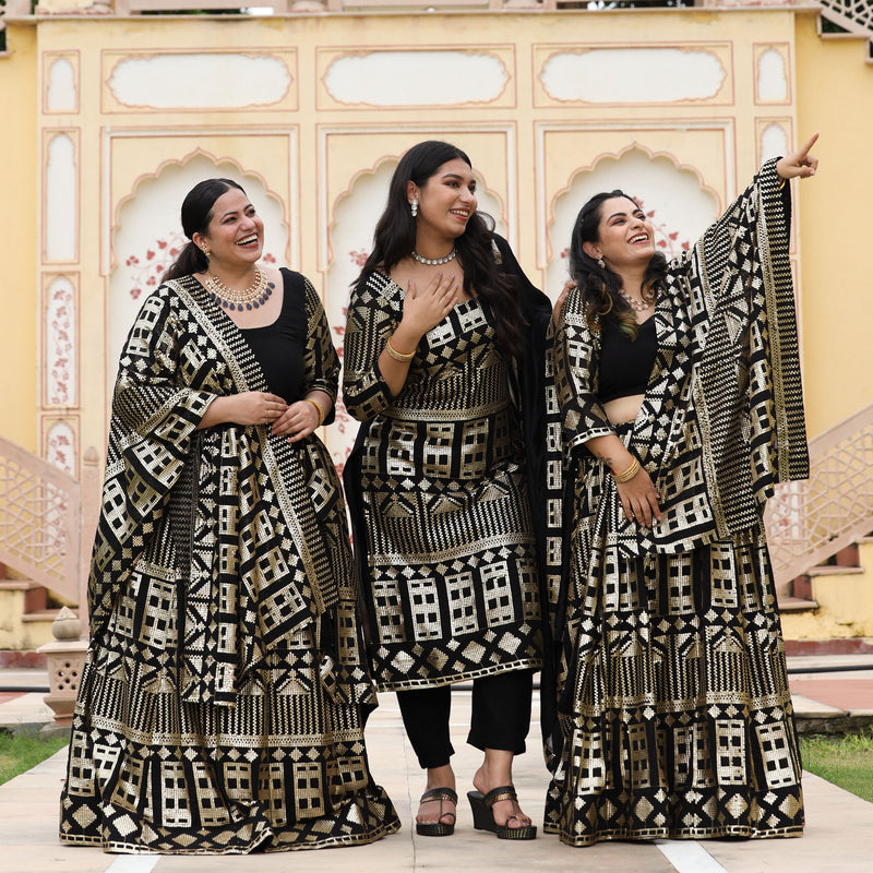 Black Georgette Tikdi Work Lehenga Set