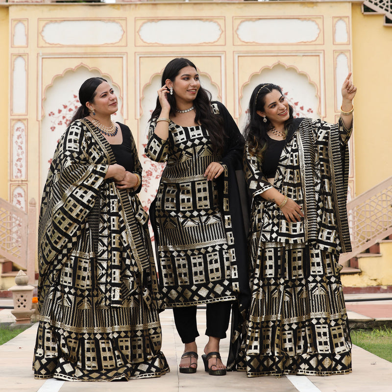 Black Georgette Tikdi Work Lehenga Set