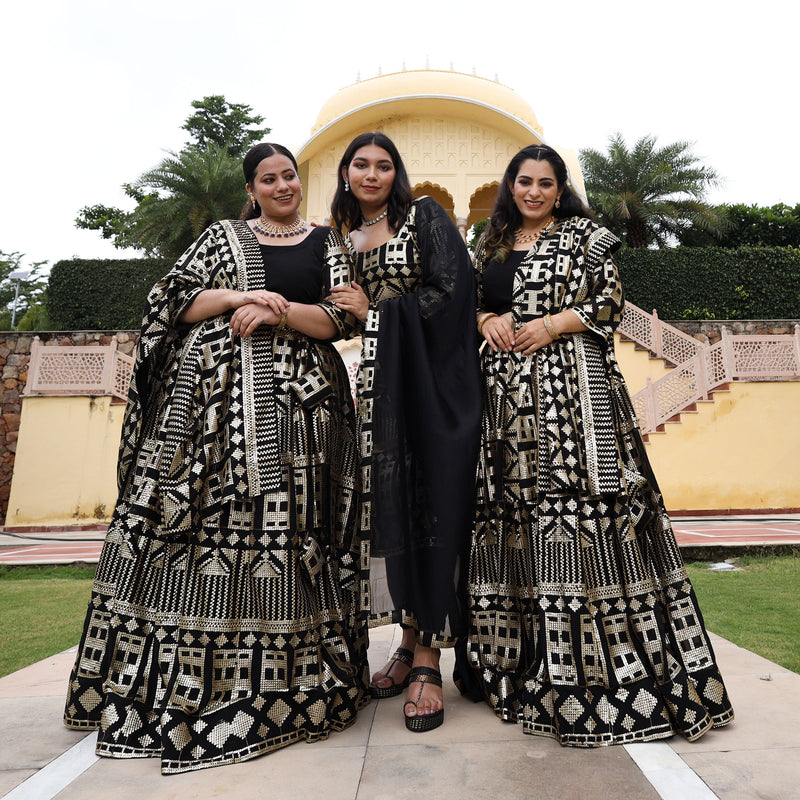 Black Georgette Tikdi Work Lehenga Set