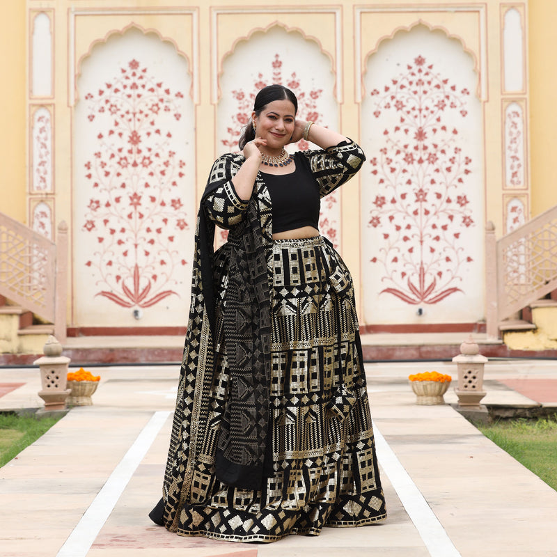 Black Georgette Tikdi Work Lehenga Set