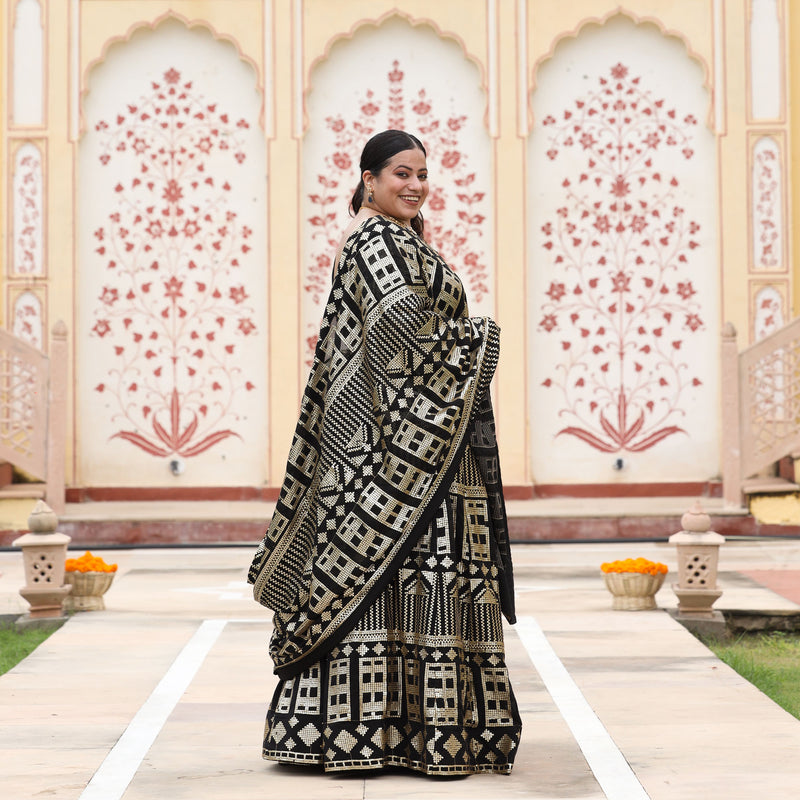 Black Georgette Tikdi Work Lehenga Set