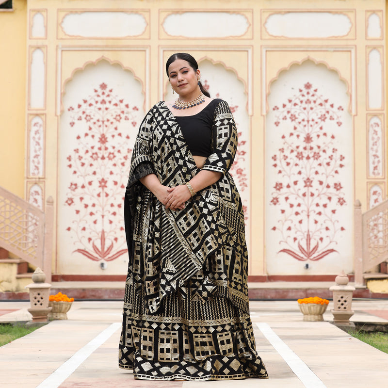 Black Georgette Tikdi Work Lehenga Set