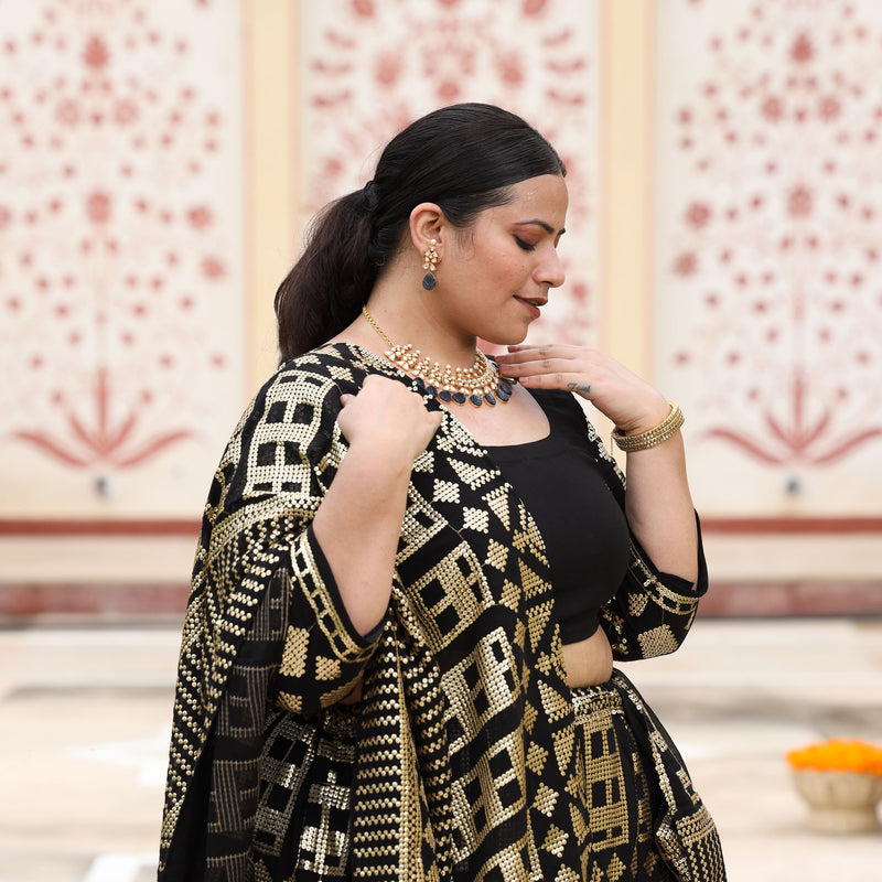 Black Georgette Tikdi Work Lehenga Set