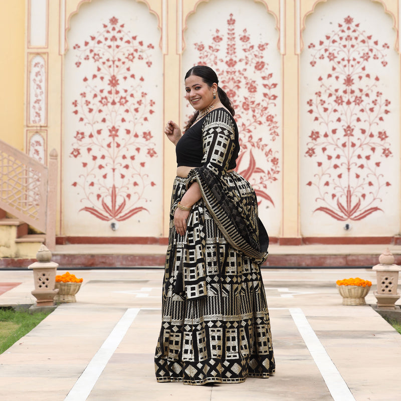 Black Georgette Tikdi Work Lehenga Set