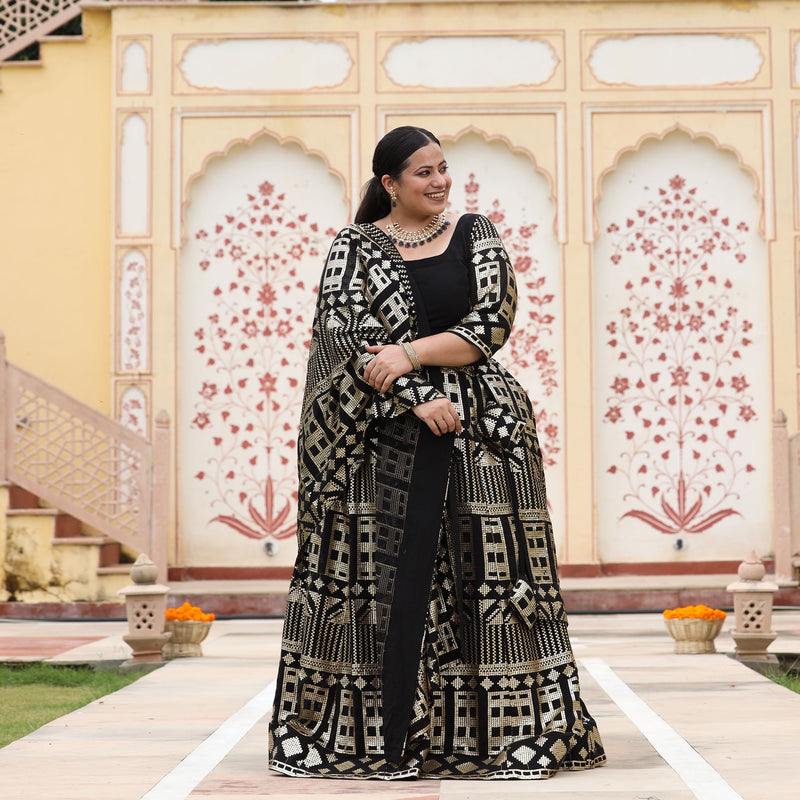 Black Georgette Tikdi Work Lehenga Set