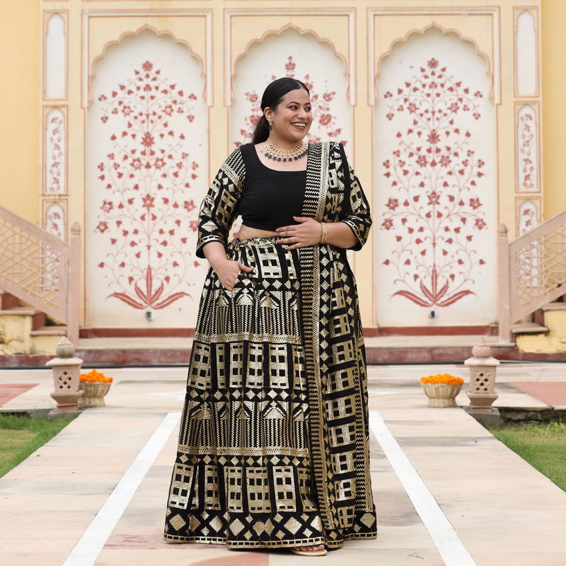 Black Georgette Tikdi Work Lehenga Set