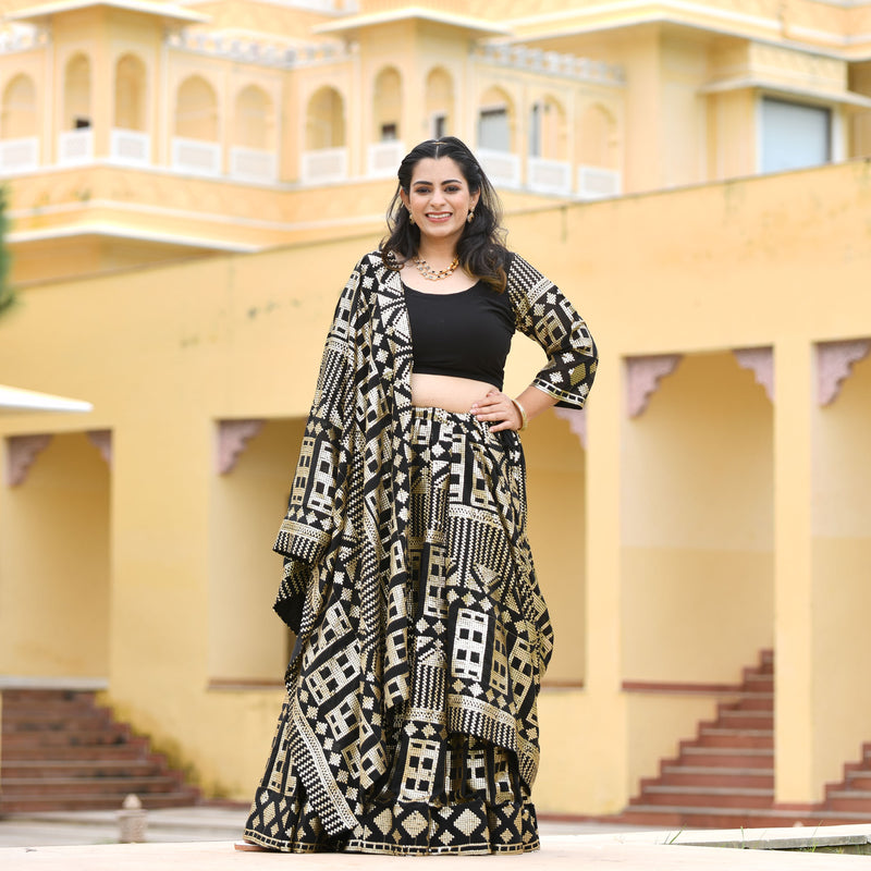 Black Georgette Tikdi Work Lehenga Set