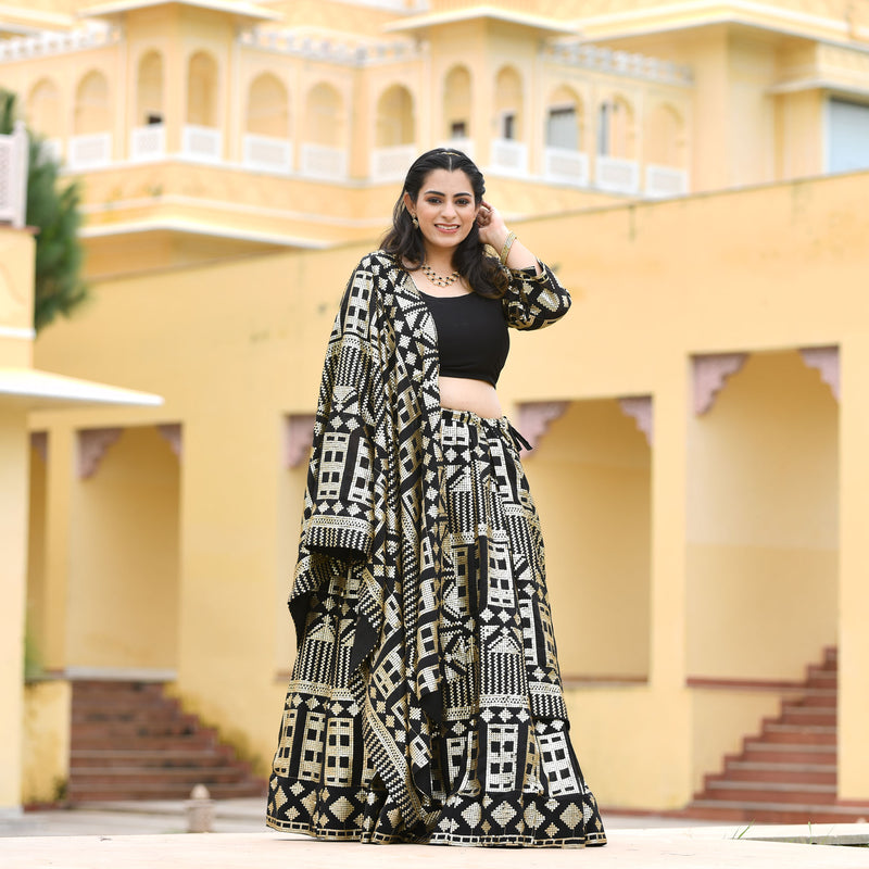 Black Georgette Tikdi Work Lehenga Set
