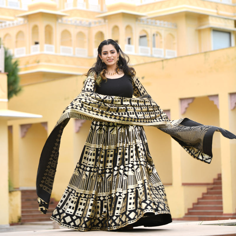 Black Georgette Tikdi Work Lehenga Set