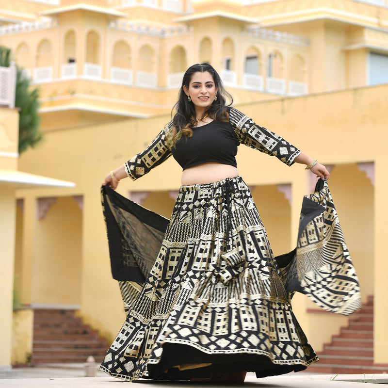 Black Georgette Tikdi Work Lehenga Set